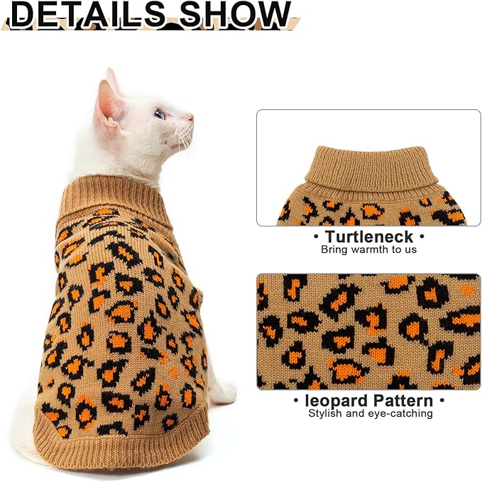 Mihachi Winter Warm Cat Sweater Turtleneck Puppy Pets Sweater Knit Vest Fashion Leopard for Cats Puppy Small Animals Brown Large