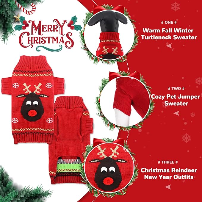PETCARE Dog Christmas Sweater Red Ugly Funny Cute Cartoon Reindeer Cat Sweaters Jumper Holiday Dog Clothes Puppy Sweaters for Small Medium Large Dogs Fall Winter Outfits Xmas Dogs Costume,Small