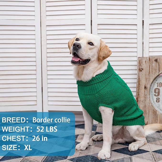 Mihachi Turtleneck Dog Sweater - Winter Coat Apparel Classic Cable Knit Clothes with Leash Hole for Cold Weather, Ideal Gift for Pet in New Year Green 3XL