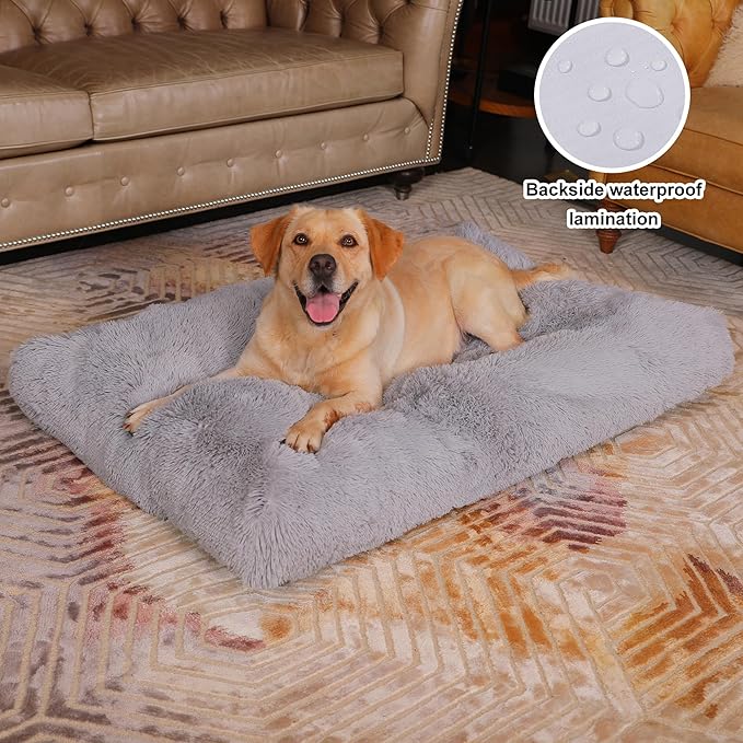 Bedfolks Waterproof Crate Bed, Plush Pad With Removable Cover, Faux Fur for XXL Dogs, Fluffy Washable Kennel Bed 47"x29", Solid Light Grey