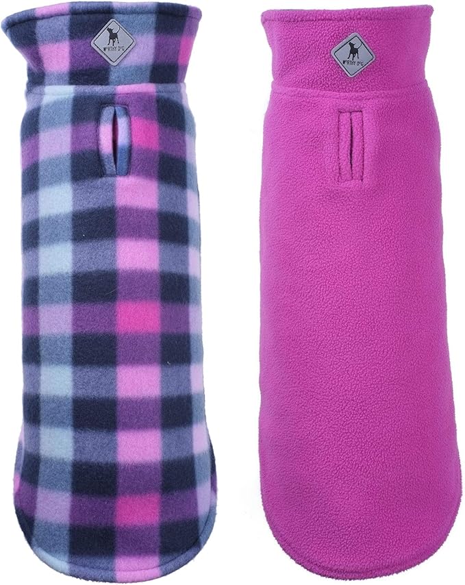 The Worthy Dog Fargo Fleece Check Dog Jacket, Adjustable Reversible with Harness Hole, Wind-Resistant, Winter Outdoor Clothes for Pets, Purple - 28''