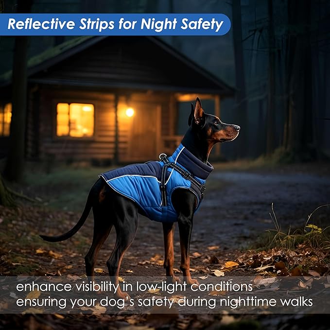ASENKU Reflective Dog Coat with Built-in Harness, Windproof Fleece-Lined Dog Jacket for Small, Medium, Large Dogs, Warm Winter Vest with Turtleneck & Zipper (Navyblue 3XL)