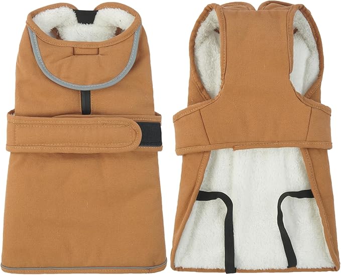 Kuoser Canvas Dog Coat, Warm Dog Jacket Reflective Fleece Pet Cold Weather Coat, Warm Doggie Clothes Waterproof Winter Vest with Zipper Leash Hole for Small Medium Large Dogs, Brown 3XL