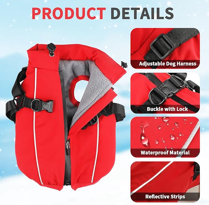 Dog Winter Coat Reflective Water-Resistant Jacket, Fleece Lined Windproof Puppy Coat with Back Zipper & D-Ring, Cold Weather Dog Coats for Small Medium Large Dogs (M, Red)