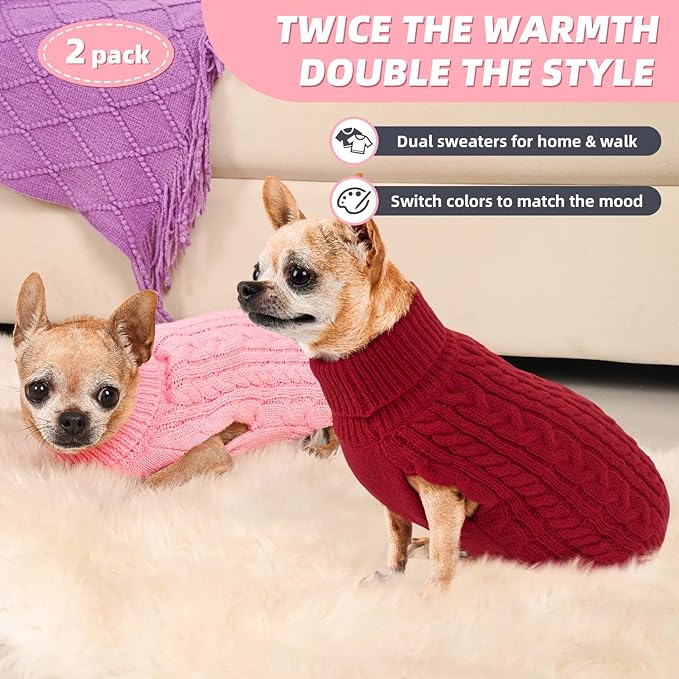 2 Pack Dog Sweaters for Small Dogs Turtleneck Pullover Cable Knit Puppy Stretch Clothes Chihuahua Yorkie Pomeranian Toy Poodle Boy Girl Pets Winter Doggie Clothes (XS, Pink & Red)
