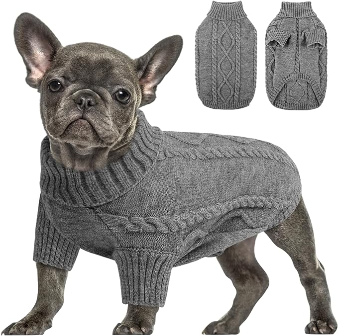 Queenmore Small Dog Pullover Sweater, Cold Weather Cable Knitwear, Classic Turtleneck Thick Warm Clothes for Chihuahua, Bulldog, Dachshund, Pug (Slate Grey, X-Small)