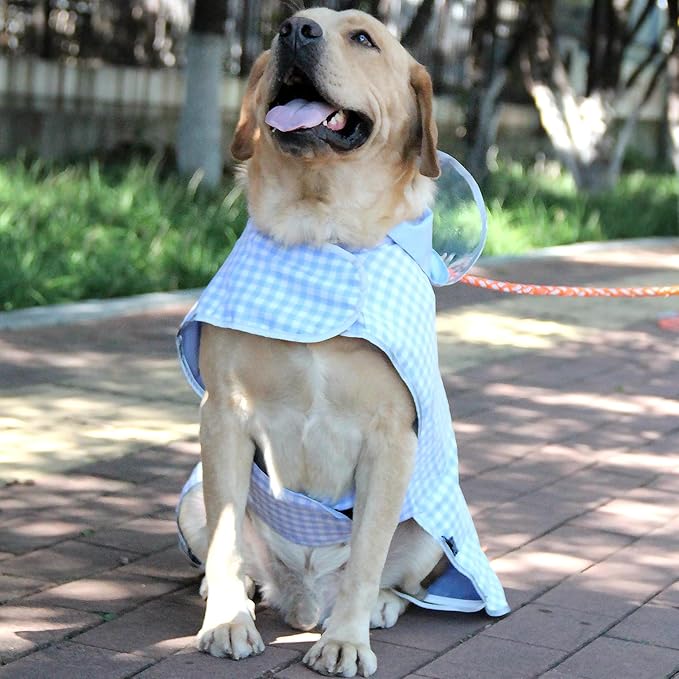 MAMORE Dog Raincoat Reversible,Waterproof Dog Rain Coat Hooded Slicker Poncho with Reflective Strip, Plaid Double Layer Rain Jacket for Small Medium Large Dogs (Light Blue, Medium)