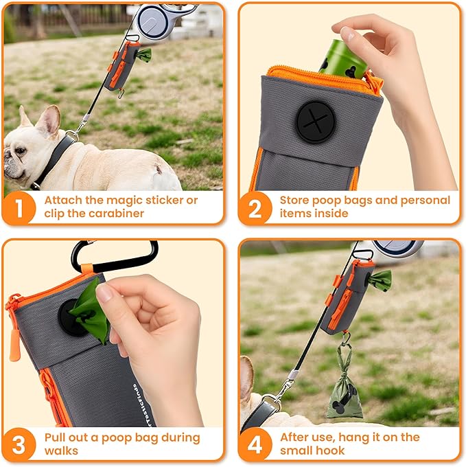 Dog Poop Bag Holder for Leash with 2 Waterproof Storage Pouches, Carabiner Clip, Zipper Soft Doggy Pouch for Pet Waste Bags, Dog Walking, Training, Travel (Grey)