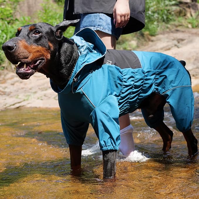 LOVELONGLONG Waterproof Dog Raincoat with Removable Hood – Outdoor Full Body Dog Jacket, Windproof Snowproof Shell Suit – All Season Pet Rain Gear Ocean Teal XS