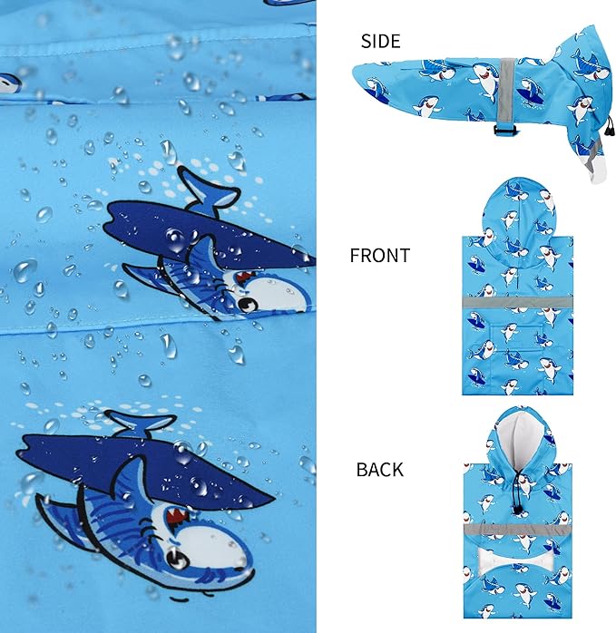 NACOCO Large Dog Raincoat Adjustable - Pet Shark Water Proof Clothes Lightweight Rain Jacket Poncho Hoodies with Strip Reflective Blue (XL, Blue Shark)
