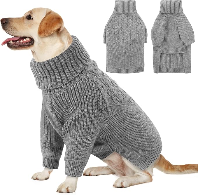 Queenmore XXL Dog Sweaters for Large Breeds, Large Dog Christmas Sweater, Soft & Warm Turtleneck Knitwear Pullover for Male/Female Pets, Winter Doggy Coat for Doberman/Pitbull/Great Dane - Grey, XXL