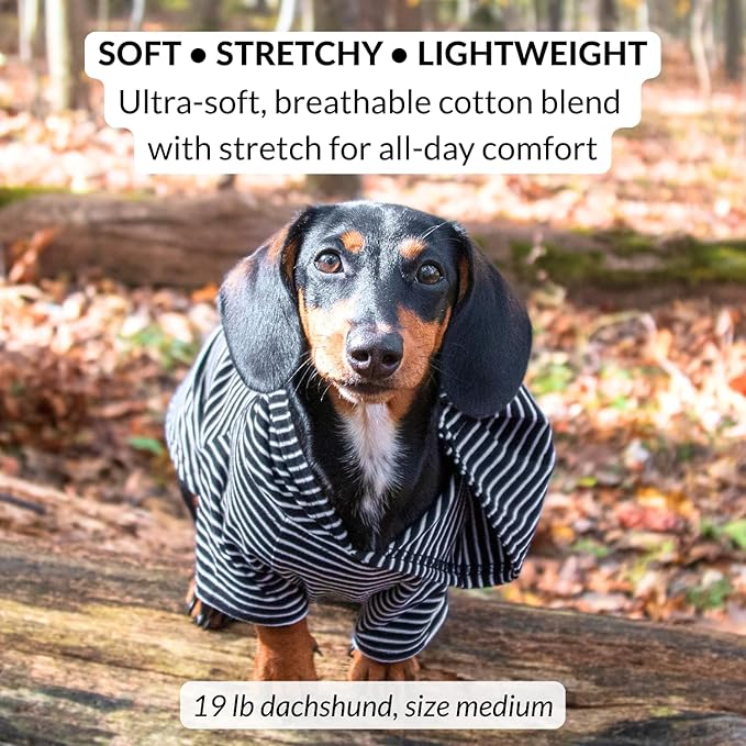DJANGO Dog Hoodie – Warm, Lightweight, Soft & Stretchy Dog Sweater with Hood, Harness Hole & Elastic Waistband – Cozy Sweatshirt for Small Dogs up to 25 lbs, Dachshunds & Puppies – Black, Small