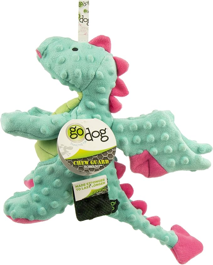 goDog Dragons Squeaky Plush Dog Toy with Chew Guard Technology, Durable Fabric & Squeaker for Active Play, Seafoam, Large