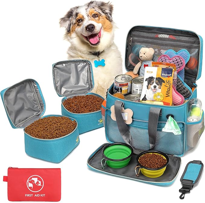 Dog Travel Bag for Traveling| Week Away/Overnight Dog Travel Accessories with Multi-Function Pockets|Pet Travel Set for Dog and Cat|Ideal Dog Diaper Bag and Dog Travel Kit(Sea Blue)
