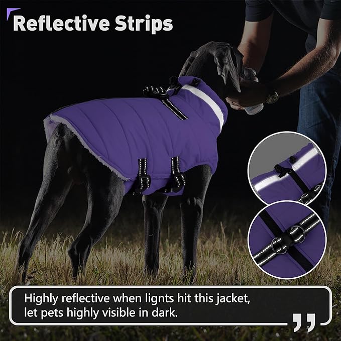 Dogcheer Dog Coat with Harness, Waterproof Dog Jacket Adjustable Winter Coat with Zipper, Christmas Puppy Snow Jacket Fleece Sweater for Small Medium Large Dogs - Taro Purple S