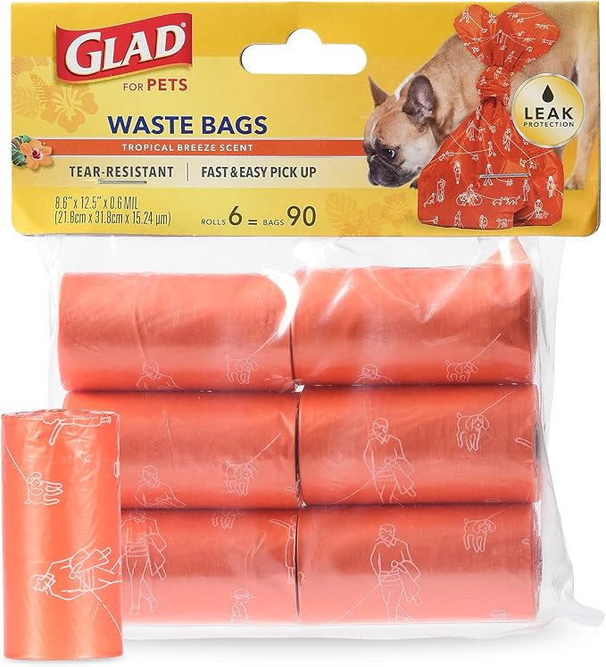 Glad for Pets Large Dog Waste Bags, Scented, Tear-Resistant, 6 Rolls | Heavy Duty Poop Bags for Fast and Easy Waste Cleanup | 6 Rolls, 90 Bags Total