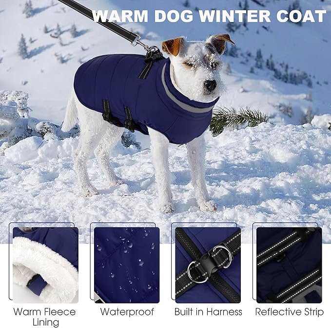 Dog Coat with Harness Built-in, Waterproof Reflective Fleece Lined - Warm Windproof Winter Jacket with Back Zipper, Cold Weather Snow Dog Coats - Blue - L