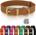 BRONZEDOG Leather Dog Collar with QR ID Tag Basic Pet Collars for Small Mini Dogs Cats Puppies (9-11 Inch (Pack of 1), Light Brown & Gold Buckle)