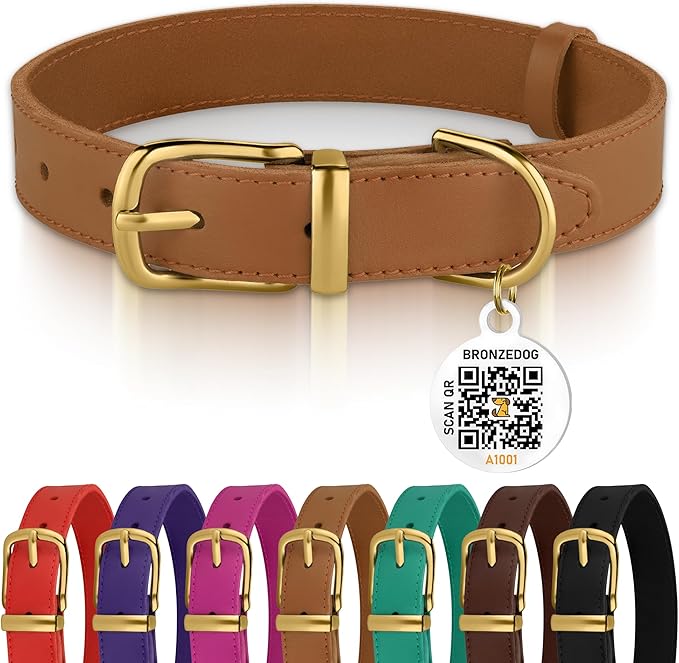 BRONZEDOG Leather Dog Collar with QR ID Tag Basic Pet Collars for Small Mini Dogs Cats Puppies (9-11 Inch (Pack of 1), Light Brown & Gold Buckle)