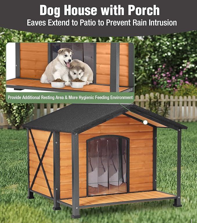 Extra Large Dog House Outdoor with Porch, Weatherproof Wooden Dog Kennel with Asphalt Roof & Full Iron Frame for Large Dogs