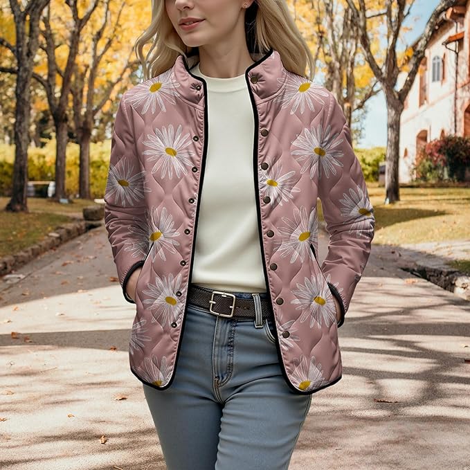 LIZALIG Women's Cropped Puffer Jacket Lightweight Floral Print Long Sleeve Padded Quilted Puffy Cardigan Coat