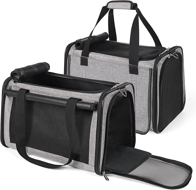 YUDODO 2 Packs 25 lbs Lightproof Soft Sided Cat Carrier for Large Cat & Small Dog Airline Approved Travel Bag Pet Puppy Carriers with Side Pockets & Reflective Mesh, Foldable Portable for Car 2 Grey