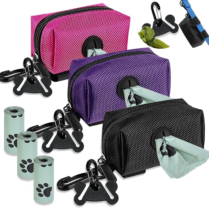 Dog Poop Bag Waste Bag Dispenser Dog Poop Bag Dispenser for Leash Accessory Dog Poop Bag Holders Fits Dog Leash with Hand Free Holder & Bag, No1680pjdz (Black&Purple&Pink, Black&Purple&Pink)
