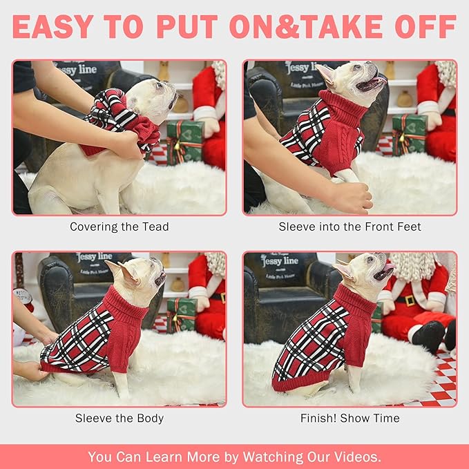 SCENEREAL Turtleneck Dog Sweater for Small Medium Large Dogs Girls Boys, Christmas Plaid Pullover Puppy Sweatershirt, Dogs Cold Weather Outfit Clothes, Ideal Gift for Pet in New Year, Pink Plaid ML