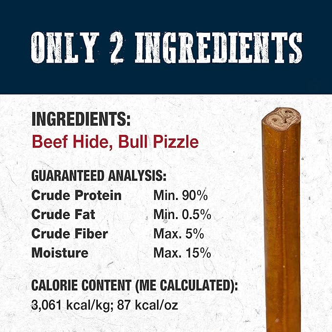 Cadet Bully Hide Sticks for Large Dogs, All-Natural Beef Pizzle, Limited-Ingredient Long-Lasting Dog Chews for Aggressive Chewers, 7 Count
