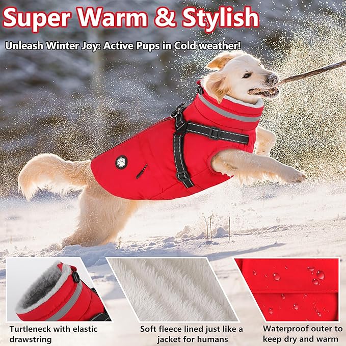 Dogcheer Dog Coat with Harness, Waterproof Dog Jacket, Christmas Puppy Winter Coat with Pocket, Reflective Doggy Turtleneck Puffer Vest for Small Medium Large Dogs - Red, L