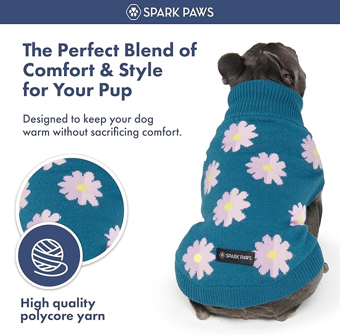 Spark Paws Knit Dog Sweater – Ultra Soft Warm Winter Dog Sweater for Small, Medium & Large Dogs – Stretch Fit Pet Sweater for French Bulldog, Pitbull, Girl & Boy Dogs Jacket, (Flower,M)