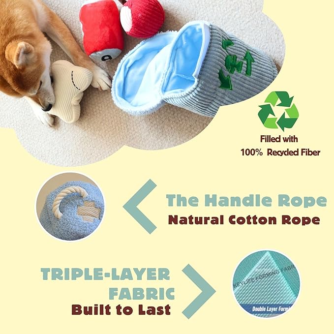 Squeaky Dog Toy, Interactive Plush Hide & Seek Puzzle Toys for Small Medium Large Dogs – Treat Dispenser 4-in-1 Durable Chew Toy, Dog Birthday for Dog Gifts (Trash Can)