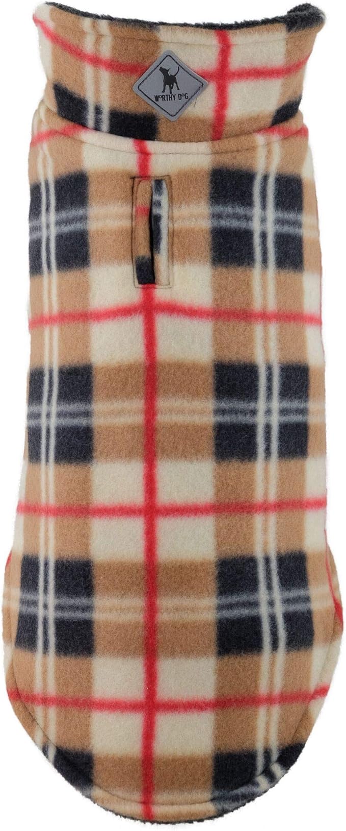 The Worthy Dog Fargo Fleece Check Dog Jacket, Adjustable Reversible with Harness Hole, Wind-Resistant, Winter Outdoor Clothes for Pets, Tan - 16''