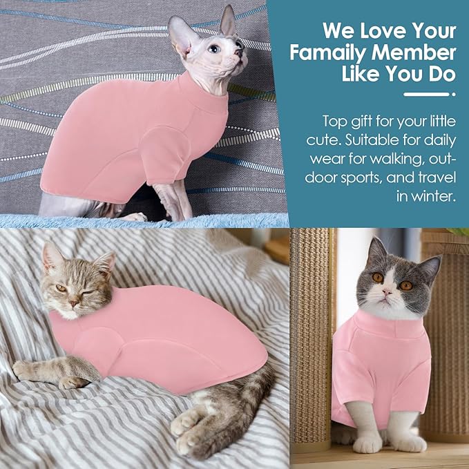 SUNFURA Turtleneck Sweater for Cat, Sphynx Cats Shirt Hairless Cat Sweaters with Sleeves, Warm and Soft Kitten Pullover Fleece Winter Pajamas Jumpsuit for Puppy Cats, Pink L