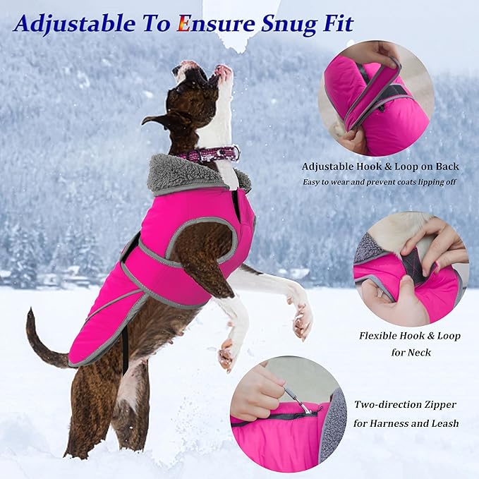 Dogcheer Dog Coat, Waterproof Dog Jacket Reflective Pet Winter Coat with Adjustable Hook & Loop, Christmas Puppy Fleece Jacket Warm Turtleneck Snowsuit for Small Medium Large Dogs - Pink, XL