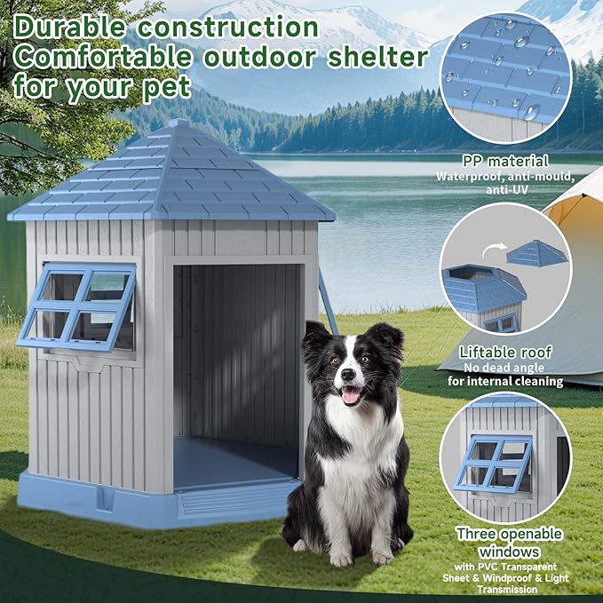 EasyUp Dog House Outdoor Resin Puppy Shelter with Air Vents and Elevated Floor, Sturdy Durable Waterproof Dog Kennel for Small Medium Large Sized Dogs (34.8 * 30.51 * 36.89in,Blue)