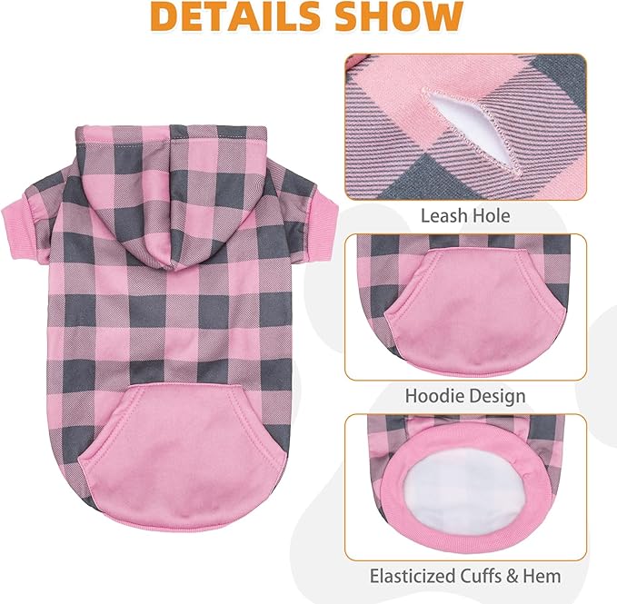 KOOLTAIL Plaid Dog Hoodie Pet Clothes Sweater with Hat and Pocket for Small Medium Large Size Dogs, Soft Winter Warm Dog Cold Weather Coat, Fleece Fall Dog Hooded Sweatshirt for Puppy Cats, Pink XXL