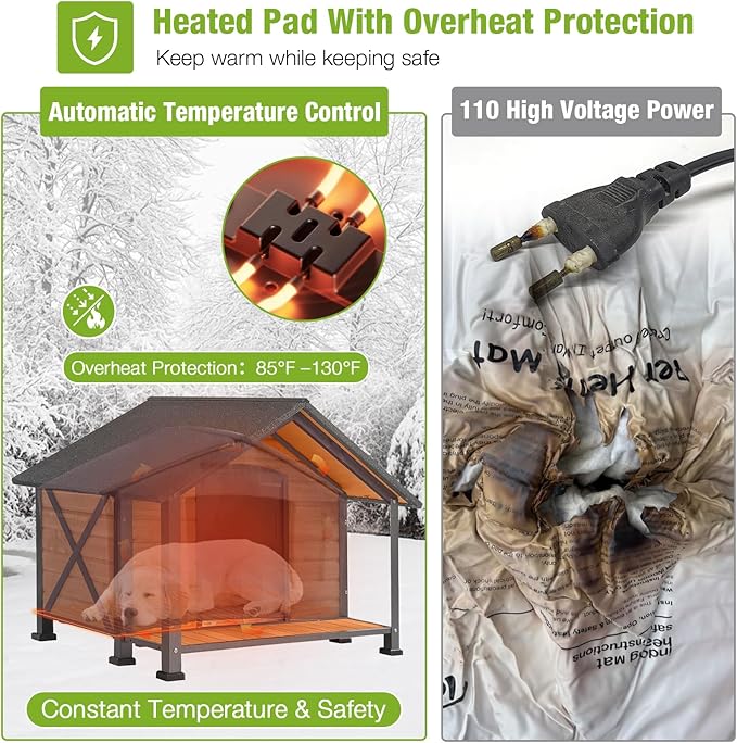 GUTINNEEN Heated Dog House for Outside Insulated Dog House Outdoor Weatherproof with Safe Heated Pad, Chew-Proof Metal Frame and Insulated Liner for Medium Dogs, 40.6" L x 34.3" W x 31.5" H