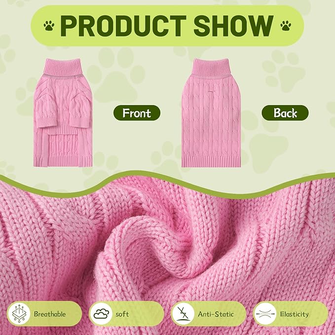 Small Dog Thermal Pullover Sweater, Classic Turtleneck Cable Knitwear Dog Clothes for Cold Weather Warm Pet Clothes for Chihuahua, Bulldog, Dachshund, Pug Pink Small