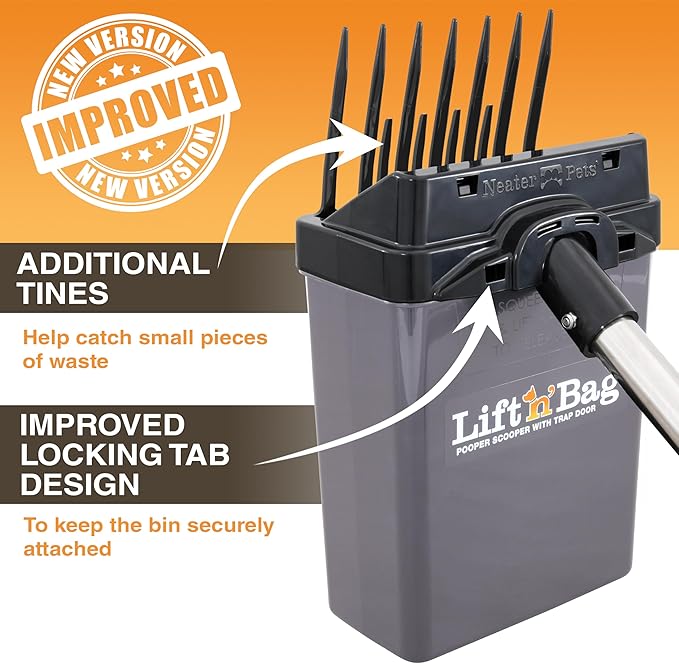 Neater Pet Brands Lift N’ Bag 2.0 Dog Pooper Scooper with Bag Attachment & 27" Pole for Small to Large Dogs, New & Improved Design, 195 Refill Bags, Heavy Duty Dog Poop Scooper for Yard, One-Hand Use