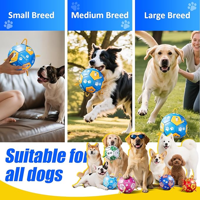 Size 2 Dog Soccer Ball with Straps Durable Training Ball for Pets Interactive Outdoor Dog Toy, Blue & Yellow, Paw Prints and Feather Design, for Small to Medium Puppies