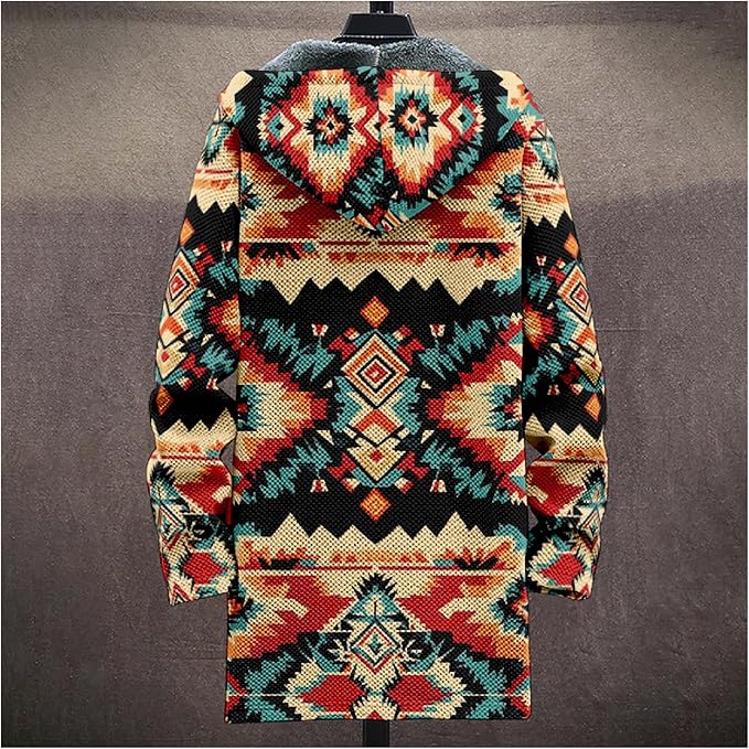 Mens Aztec Print Hoodie Heavyweight Cotton Fleece Jacket Zip Up Warm Long Sleeve Hooded Winter Midi Coat