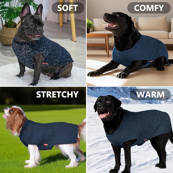 KYEESE Dog Sweater with Leash Hole Comfy Pullover Sweater Medium Size Male with Reflective Yarn Warm Pet Coats Stretchy Cozy Lightweight Thick Knitwear Dog Clothes, Navyblue, X-Large