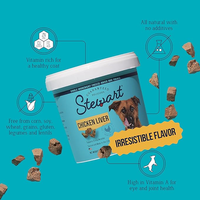Stewart Chicken Liver Dog Treats, 16.8 oz, ~315 Pieces, Freeze Dried Raw, Single Ingredient, 60% Protein Training Treats or Meal Topper in a Value Size Resealable Tub, Grain Free, Gluten Free