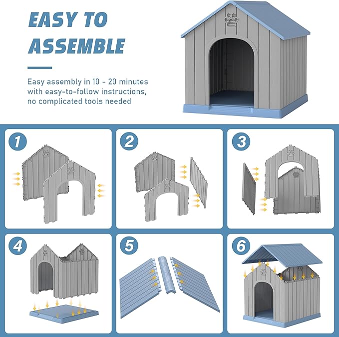 Dog House Outdoor Indoor for Medium Large Dogs, Durable Plastic Waterproof Doghouse with Air Vents and Elevated Floor, Easy Clean and Assemble (Blue, 26.18''L × 24.02''W × 25.98''H)