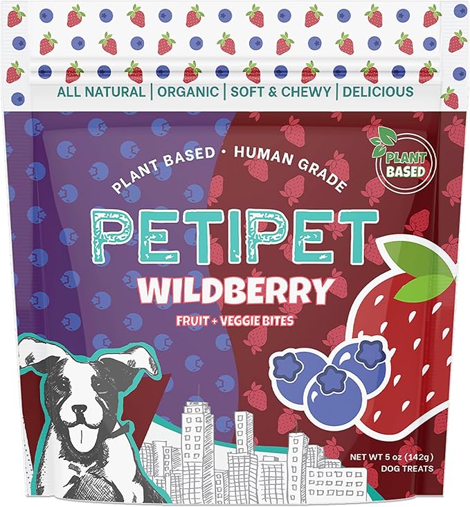 PETIPET Wildberry Plant-Based Fruit Dog Treats - Strawberry, Apple, Blueberry Soft & Chewy - Vegetarian, Vegan Dog Treats with Organic Ingredients - Low-Protein, Hypoallergenic, Gluten-Free