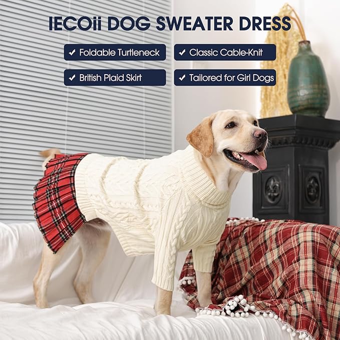 IECOii Girl Dog Sweater Dress, Great Dane Sweaters for Girl Dogs, Beige,5XL, Extra Large Dog Sweater for Female Dogs Pet Winter Dress for Giant Breeds - Xmas Turtleneck Knitwear for Cold Weather