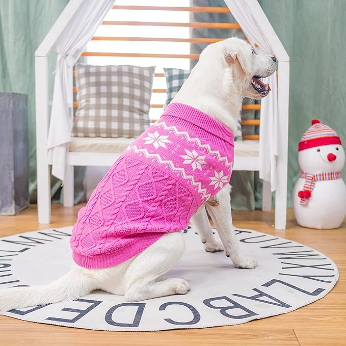 Warm Winter Pink Dog Sweater - Cold Weather Pet Clothes for Small Medium Large Dogs Indoor Outdoor, Soft Classic Knit Puppy Apparel Coat, Pink, XL