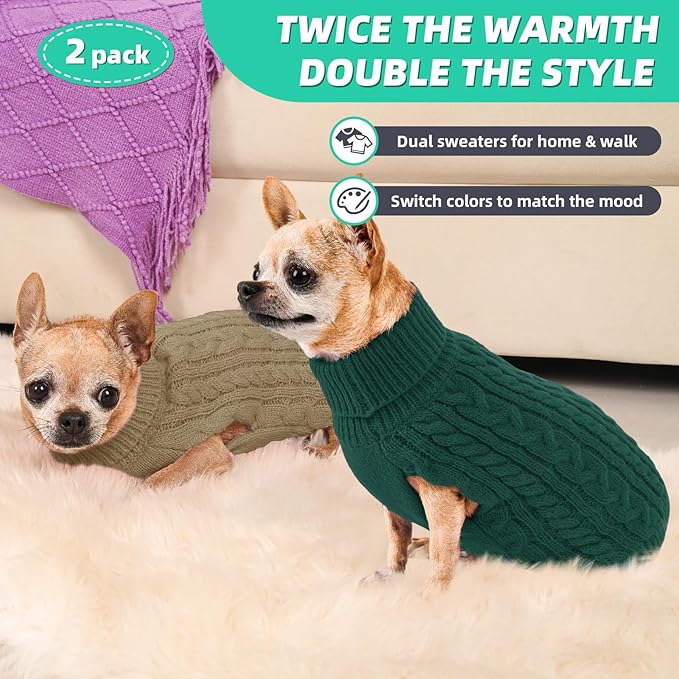 2 Pack Dog Sweaters for Small Dogs Turtleneck Pullover Cable Knit Puppy Stretch Clothes Chihuahua Yorkie Pomeranian Toy Poodle Boy Girl Pets Winter Doggie Clothes (S, Green & Brown)