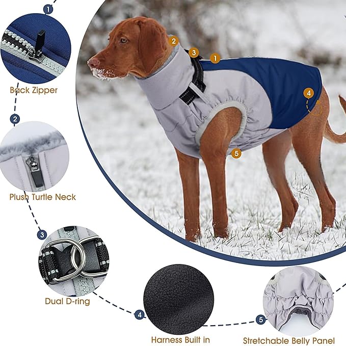 Dog Coats for Large Dogs,Winter Waterproof Jacket with Collar Built in,XXL Dog Coat for Cold Weather Warm Snow Jacket with Thermal Fleece Lining,Reflective Pet Snowsuit Large,Blue,2XL
